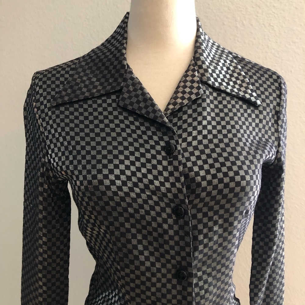 Black & Silver Checkered Pattern Button Down Shir… - image 2